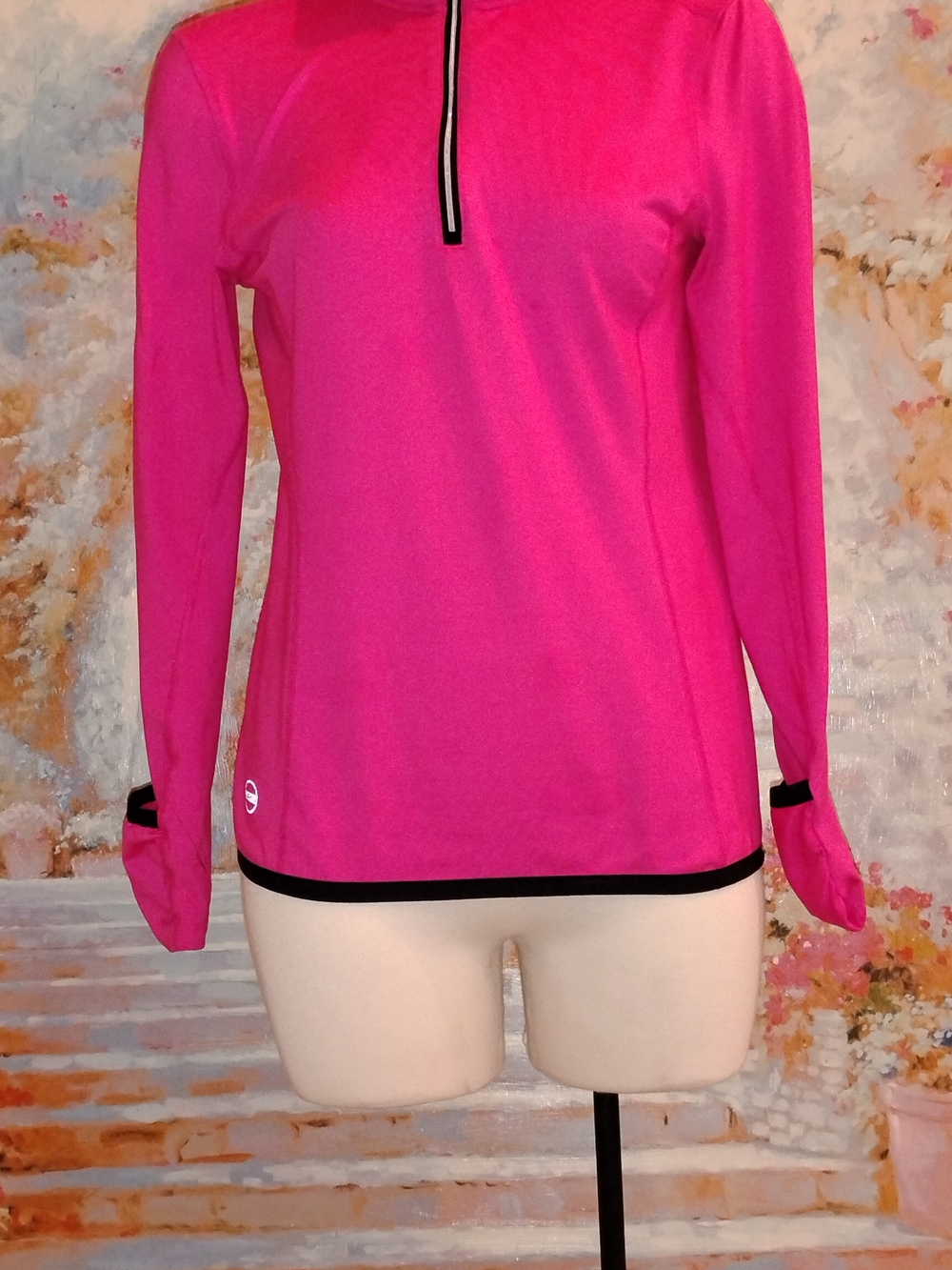 Lauren Ralph Lauren Hot Pink Long Sleeve Half-Zip Top with Black Trim - Picture 3 of 8
